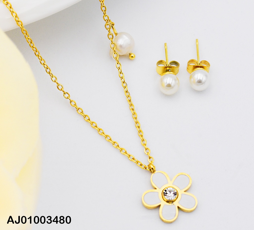 JUEGO ACERO CDN CON DIJE DE FLOR BLANCA CON ZIRCONIA Y PERLA BLANCA C/ARETES DE PERLA BLANCA COLGANTE