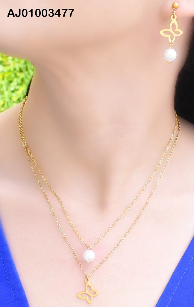 JUEGO ACERO DOBLE CDN DE PERLA BLANCA COLGANTES Y DIJE MARIPOSA C/ARETES CROQUIS DE MARIPOSA Y PERLA BLANCA COLGANTES
