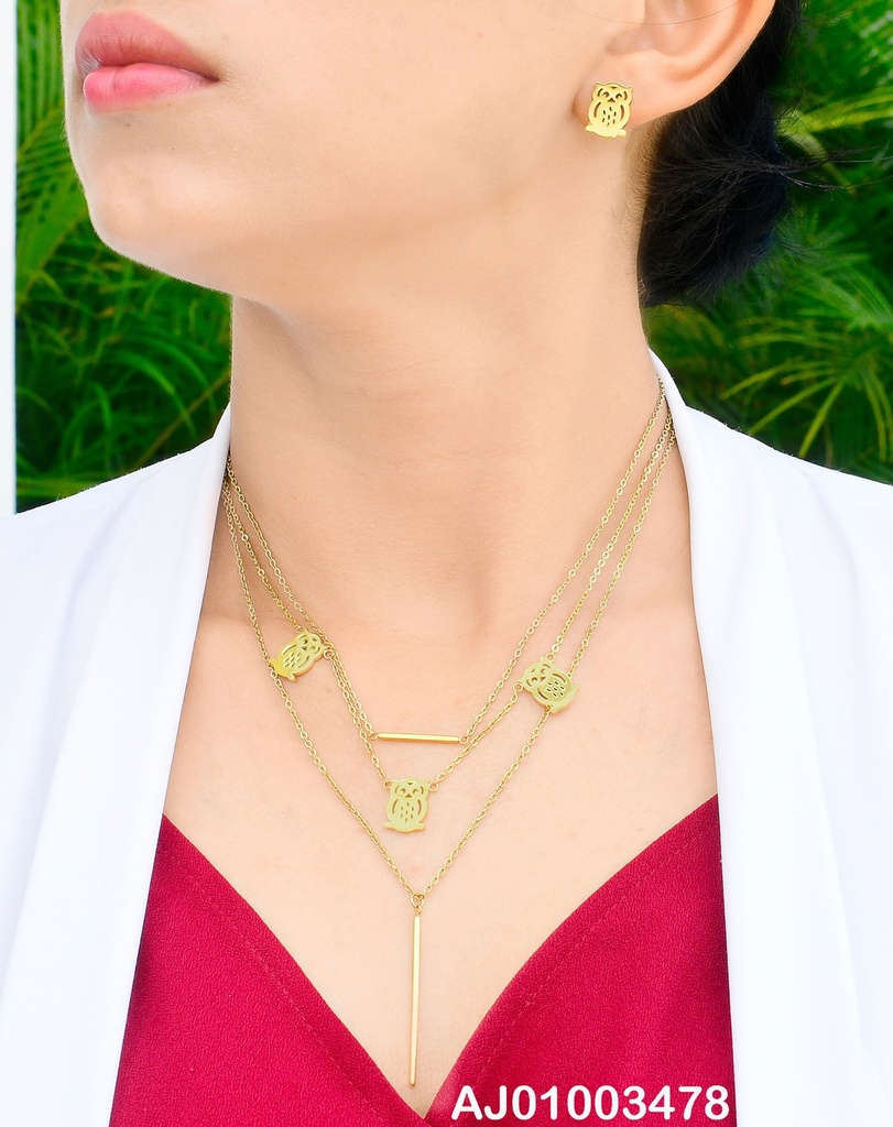 JUEGO ACERO TRIPLE CDN DE BARRA PEQUEÑA, CON TRES BUHO Y BARRA GDE COLGANTE C/ARETES FORMA DE BUHO