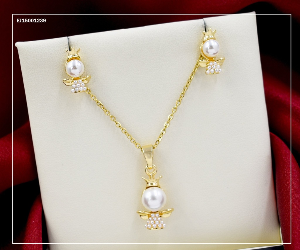 JUEGO ANGELITO CON CORONA, CABEZA PERLA VESTIDO ZIRC.