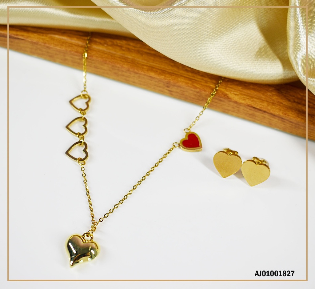 JUEGO ARETE CORAZÓN,DIJE CORAZONES INFLADO Y ROJO