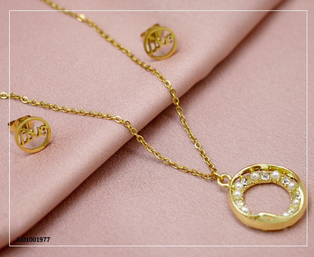 JUEGO ARETES "LOVE" DIJE ARO CON PERLAS