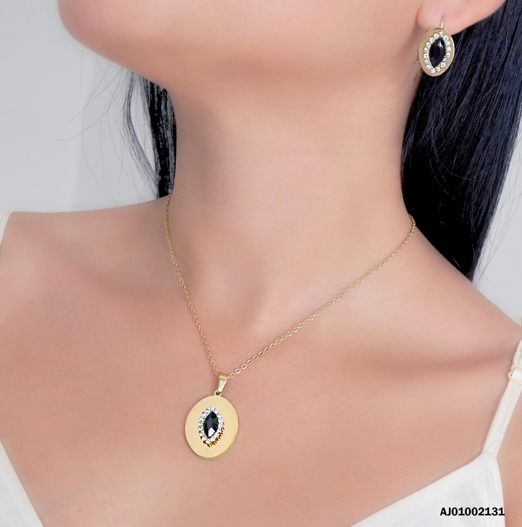 JUEGO ARETES COLGAR PIEDRA NEGRA OVALADA BORDE ZIRCONIA