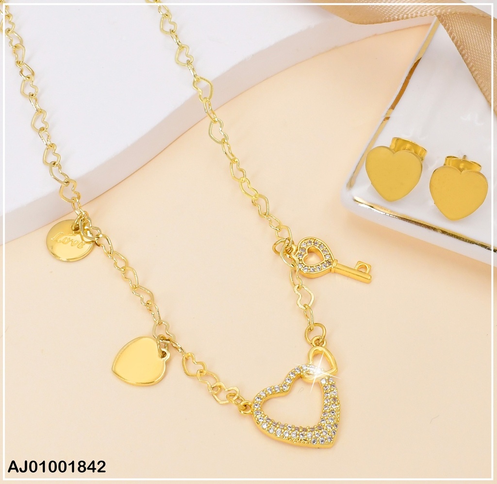 JUEGO ARETES CORAZON,DIJE CROQUI CORAZÓN Y LLAVE C/ZIRCONIAS