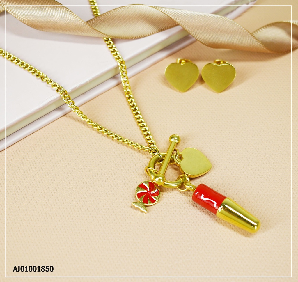JUEGO ARETES CORAZONES,DIJE DULCE,CILINDRO Y CORAZÓN