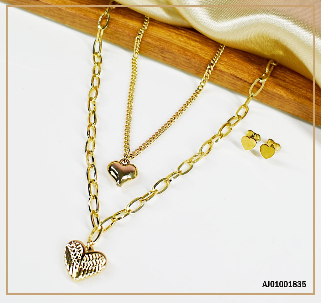 JUEGO ARETES CORAZONES,DIJES CORAZÓN INFLADO Y ALADO