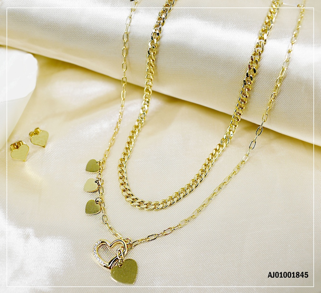 JUEGO ARETES CORAZÓN CADENA MARTILLADA DIJE CROQUI CORAZÓN
