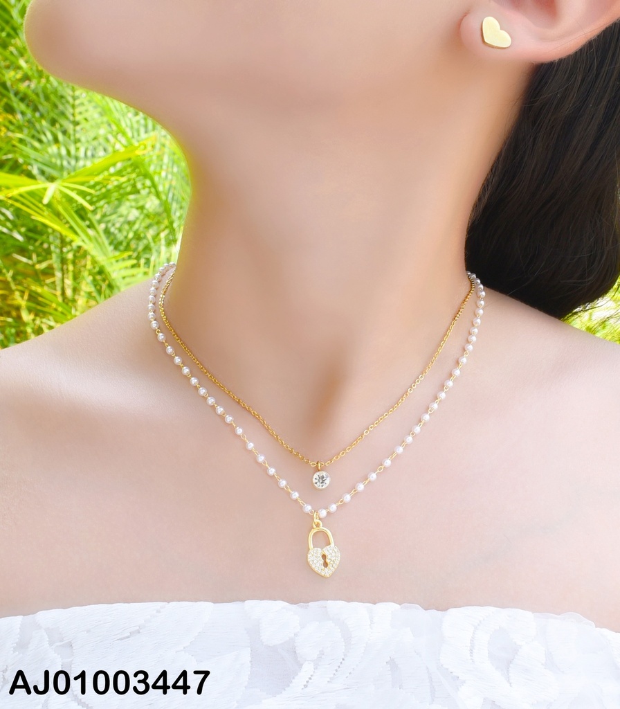 JUEGO ARETES CORAZÓN DOBLE CAD.TRAD-ZIRC/PERLITA DIJE CANDADO