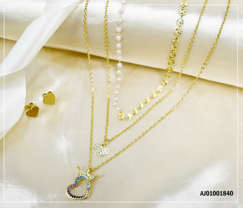 JUEGO ARETES CORAZÓN DOBLE CADENA DIJE CORAZÓN C/CORONA
