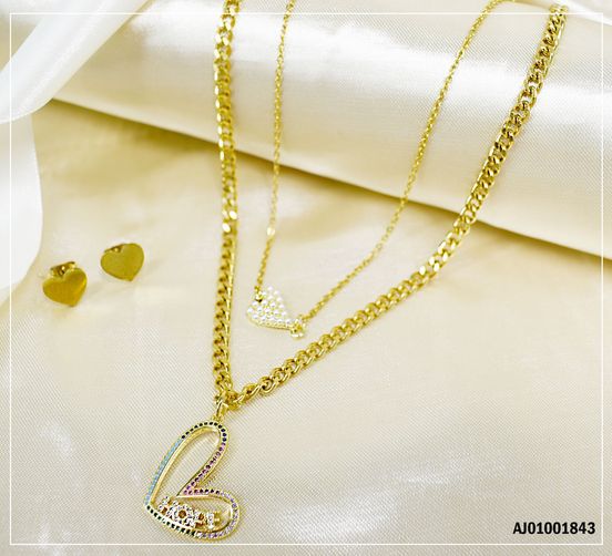 JUEGO ARETES CORAZÓN DOBLE CADENA DIJES CORAZON PERLA Y CROQUI