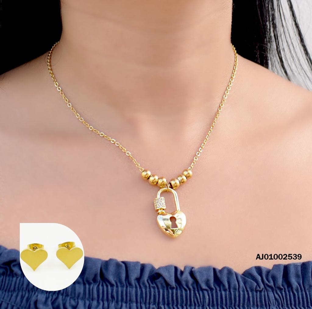 JUEGO ARETES CORAZÓN, DIJE CANDADO/CILINDRO ZIRCONIA