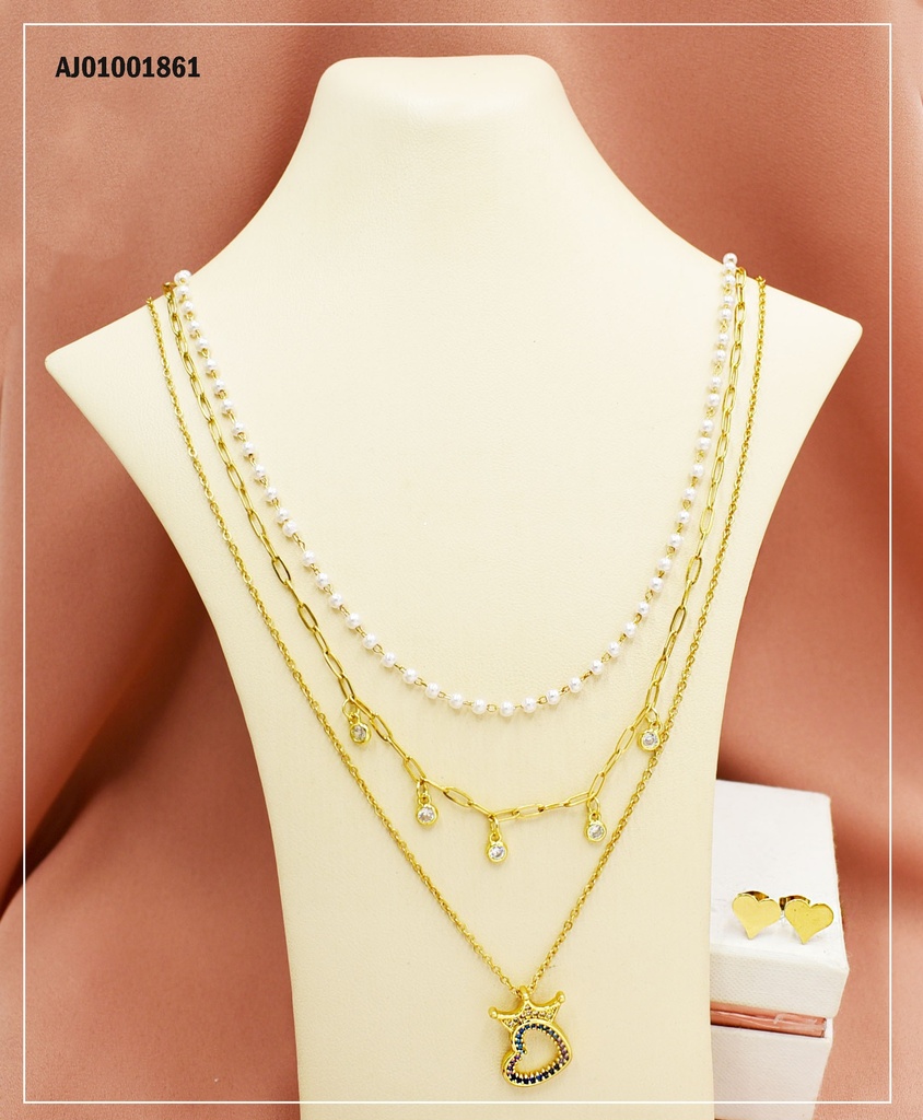 JUEGO ARETES CORAZÓN, DIJE CORAZÓN C/CORONA Y ZIRCONIAS