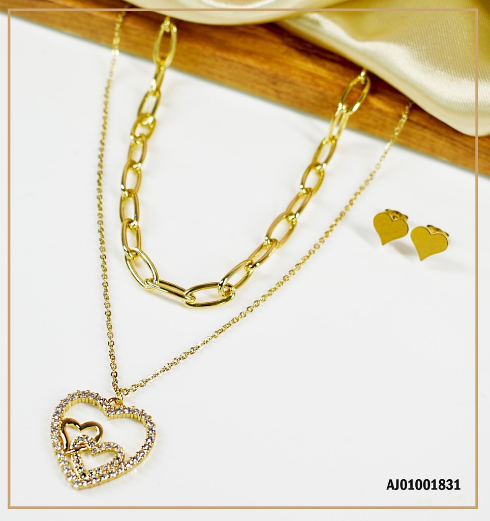 JUEGO ARETES CORAZÓN, DIJE CORAZÓN CON DOS CORAZÓNES