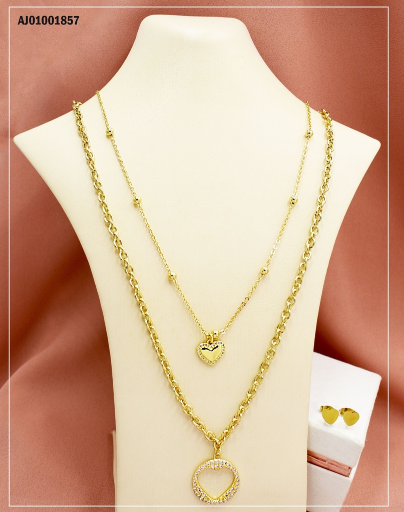 JUEGO ARETES CORAZÓN, DIJE CORAZÓN HUECO CON ZIRCONIAS