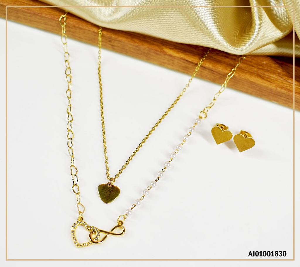 JUEGO ARETES CORAZÓN,DIJES CORAZÓN ENTRELAZADO CON INFINITO