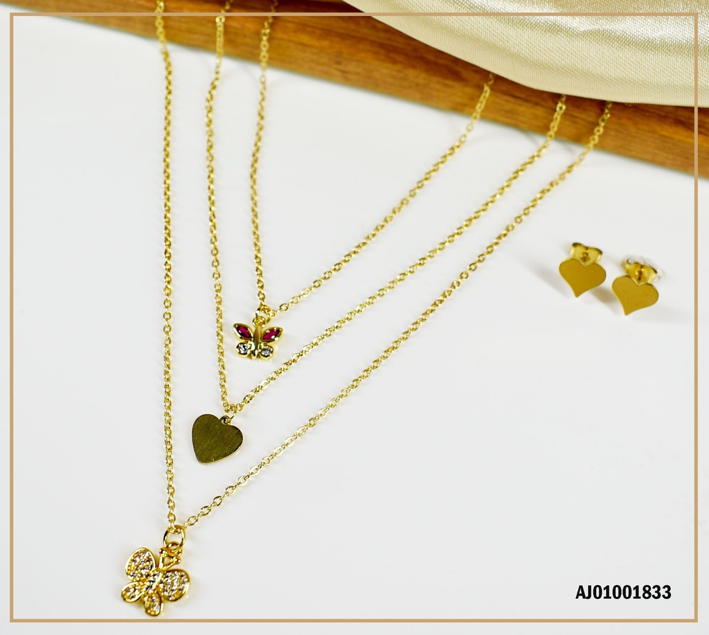 JUEGO ARETES CORAZÓN,DIJES MARIPOSAS Y CORAZÓN