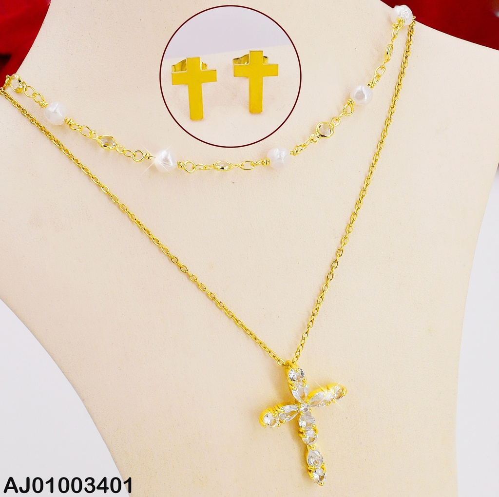 JUEGO ARETES CRUZ DOBLE CAD.PERLAS/DIJE CRUZ ZIRC SURT.