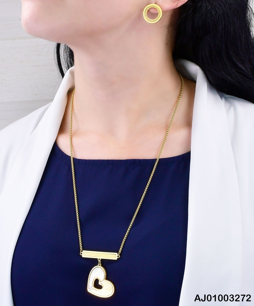 JUEGO ARETES DOBLE CÍRCULO DIJE BARRA HORIZ.CORAZÓN COLGANTE