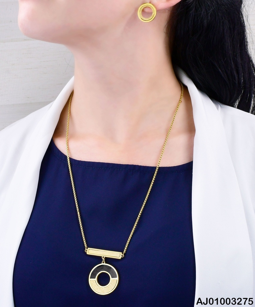 JUEGO ARETES DOBLE CÍRCULO DIJE BARRA HORIZ.CÍRCULO ANCHO COLGANTE