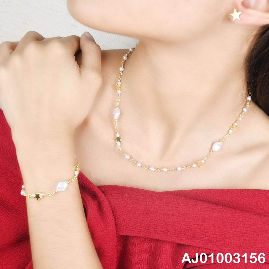 JUEGO ARETES ESTRELLAS CADENAS Y PULSERA PERLAS/⭐