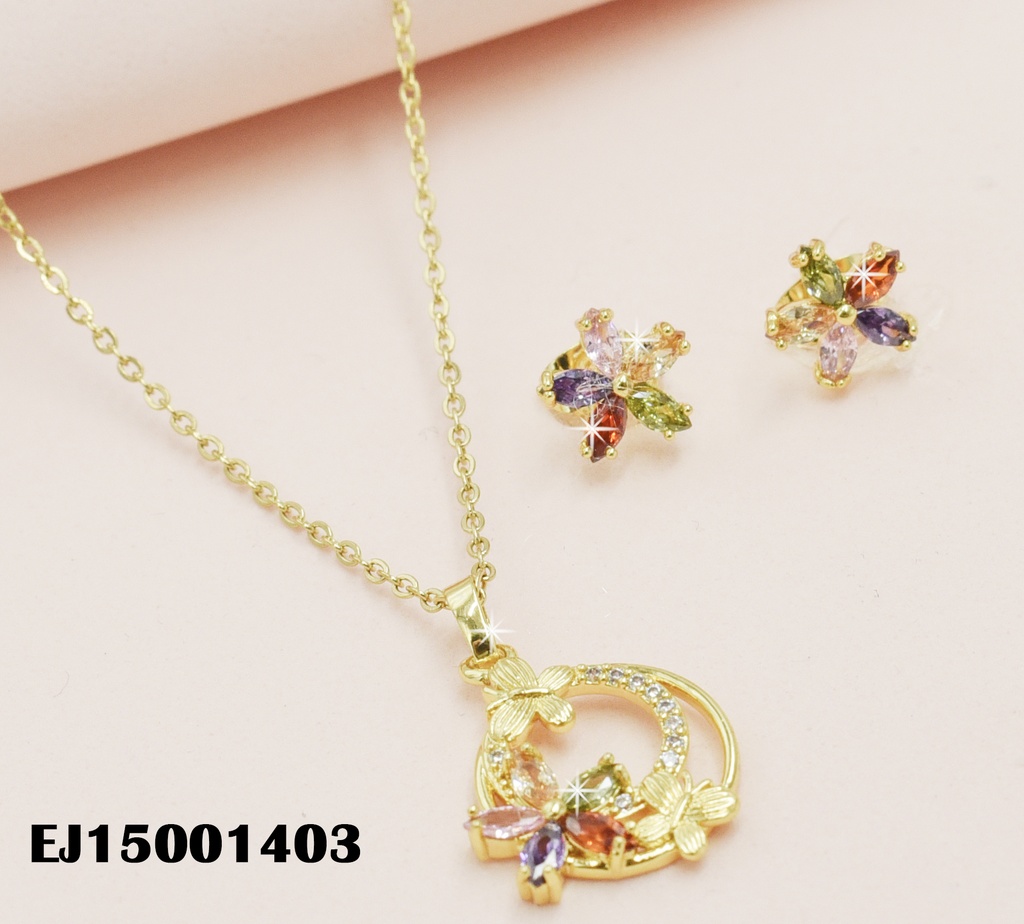JUEGO ARETES FLOR ZIRC.COL DIJE DOBLE CÍRCULO C/🌺🦋
