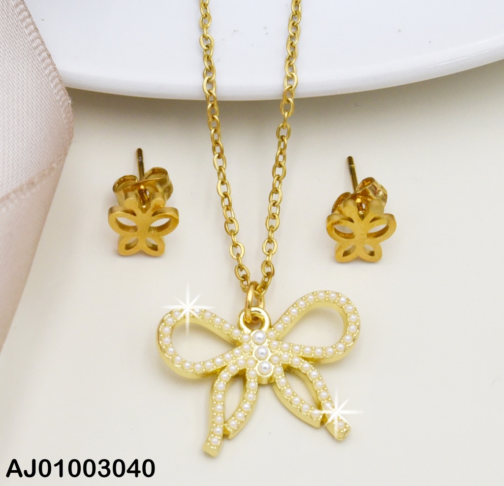 JUEGO ARETES MARIPOSA DIJE LAZO PERLITAS