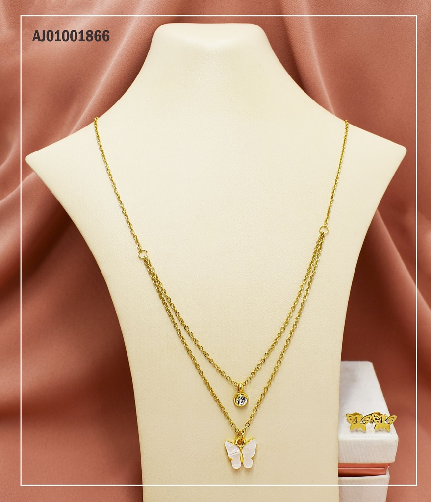 JUEGO ARETES MARIPOSA, DIJE MARIPOSA BLANCA Y ZIRCONIA