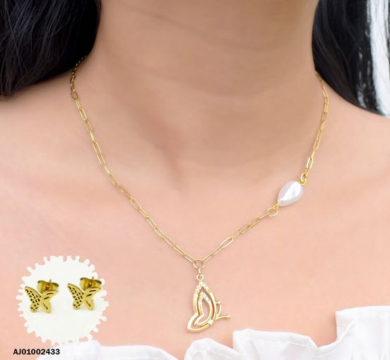 JUEGO ARETES MARIPOSA, DIJE PERFIL DE MARIPOSA CON ZIRCONIAS