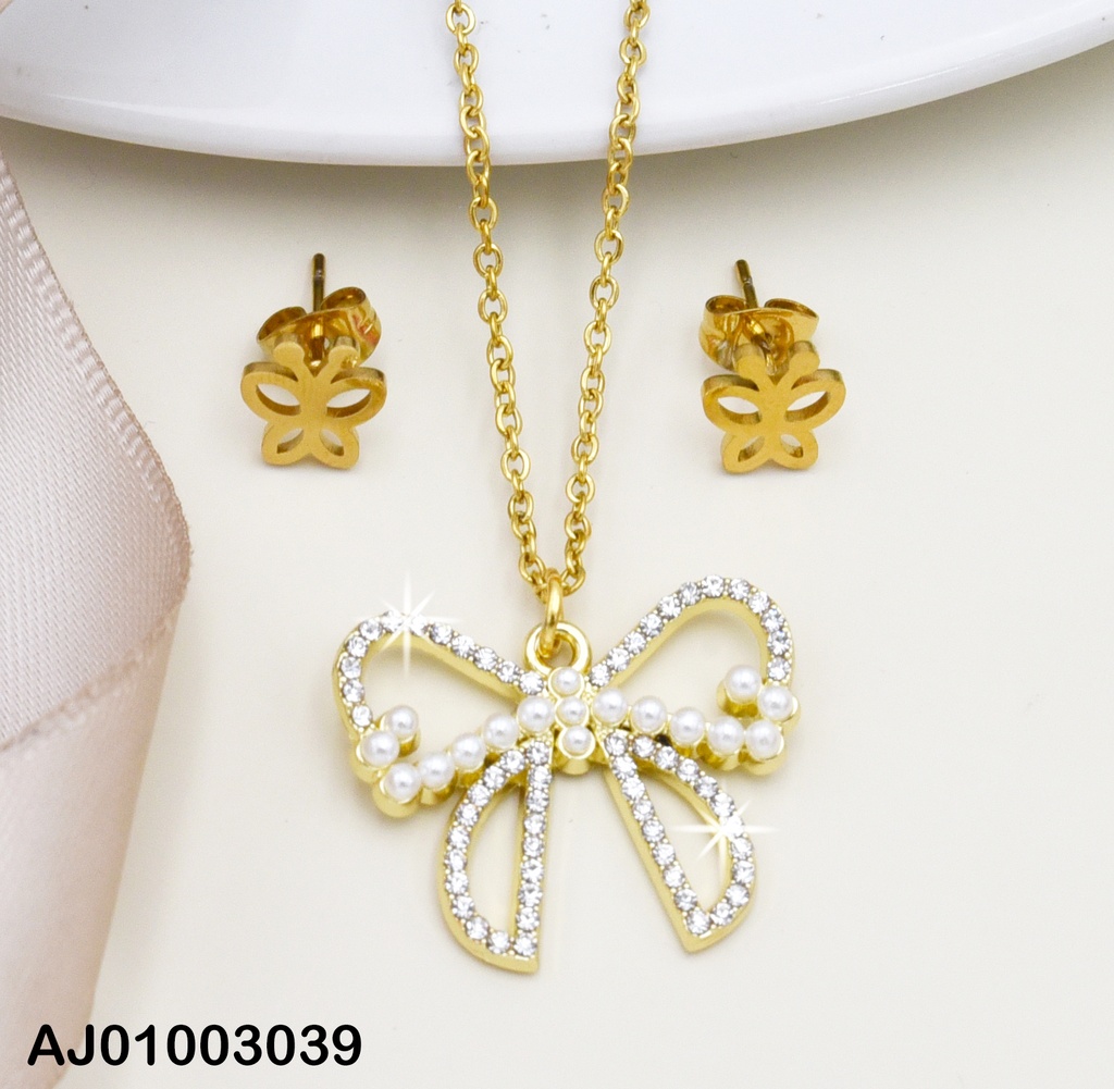 JUEGO ARETES MARIPOSAS DIJE LAZO PERLITAS/ZIRCONIAS