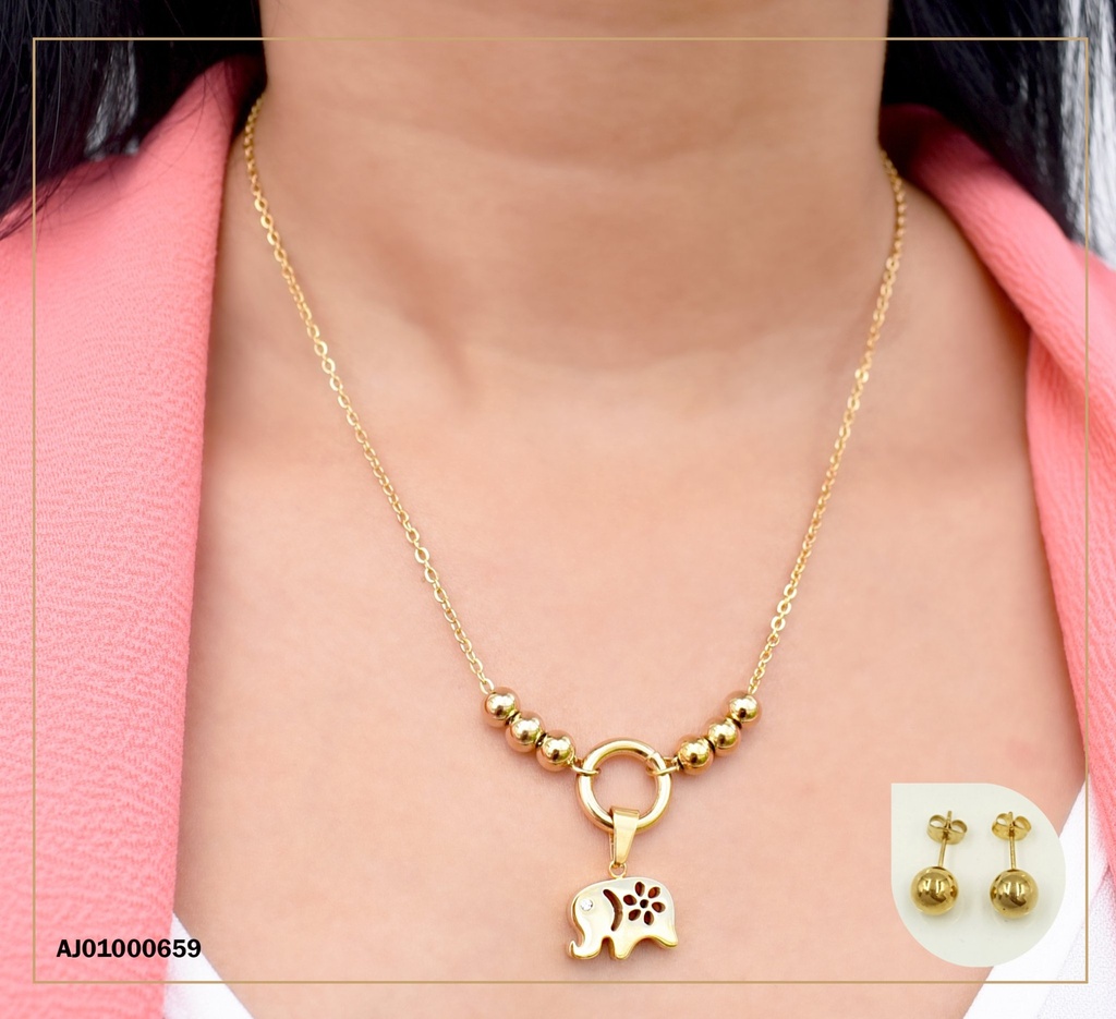JUEGO ARETES PELOTITA DOR.DIJE ELEFANTE CON FLOR CALADA