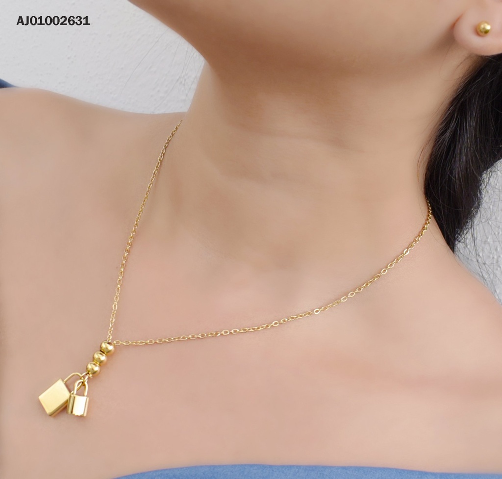 JUEGO ARETES PELOTITAS DOR. DIJE DOBLE CANDADOS