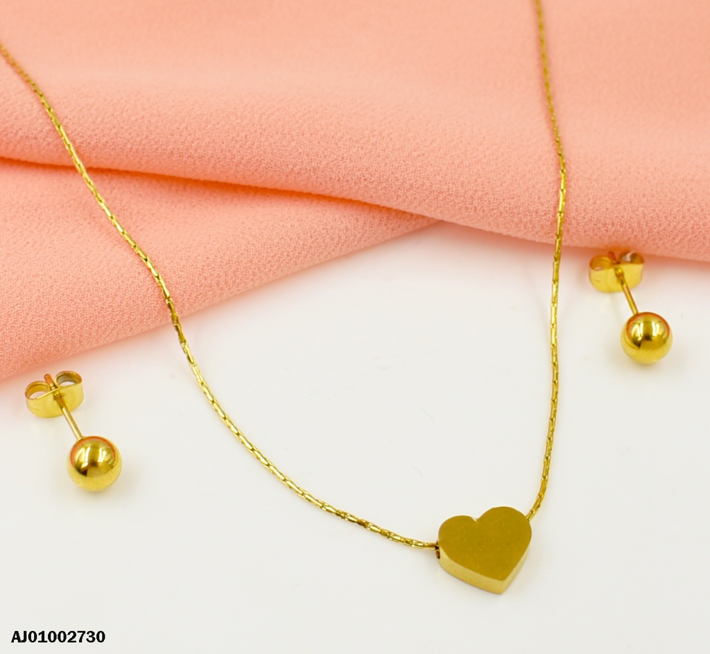 JUEGO ARETES PELOTITAS DOR. DIJE PLACA CORAZÓN ANCHA