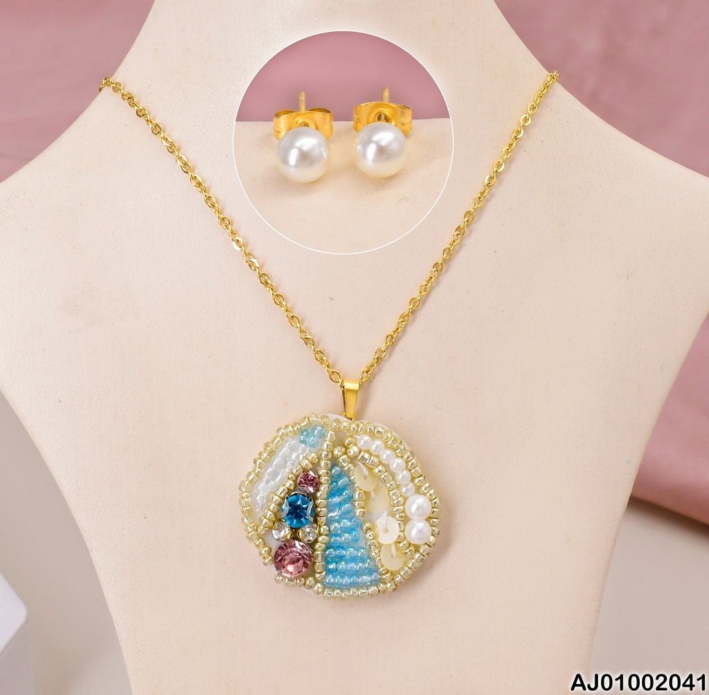 JUEGO ARETES PERLA, DIJE CONCHA DE PIEDRAS