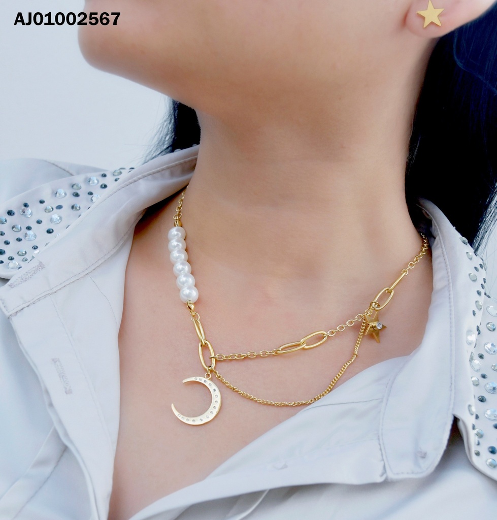JUEGO ARETES PLACA ⭐, CADENA C/PERLAS DIJE MEDIA LUNA FINA