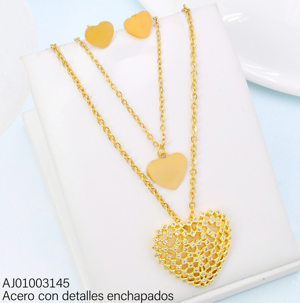 JUEGO ARETES PLACA♥ DOBLE CAD. DIJE ZIRCONIAS CUADRADAS
