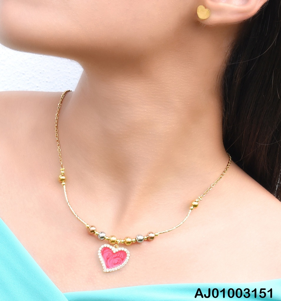 JUEGO ARETES PLACA💛 CADENA C/⚪🟠🟡DIJE❤