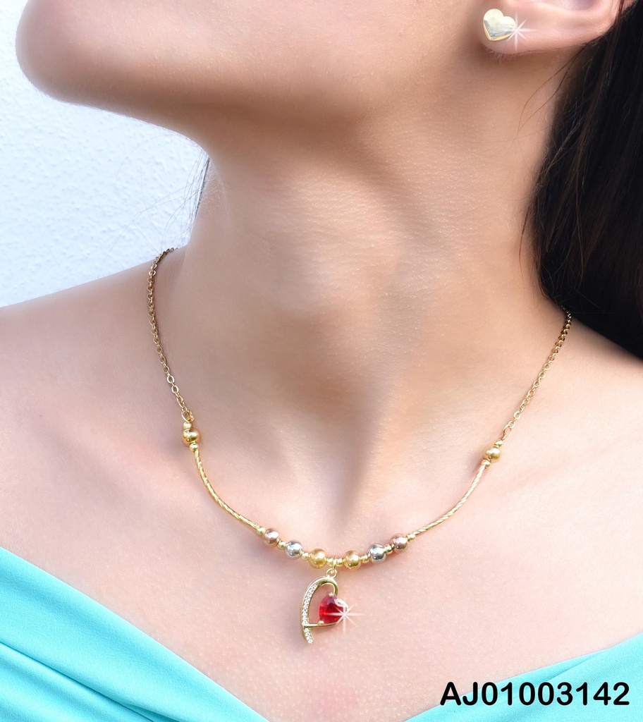 JUEGO ARETES PLACA💛 CADENA MEDIO CORAZÓN ZIRC.ROJA