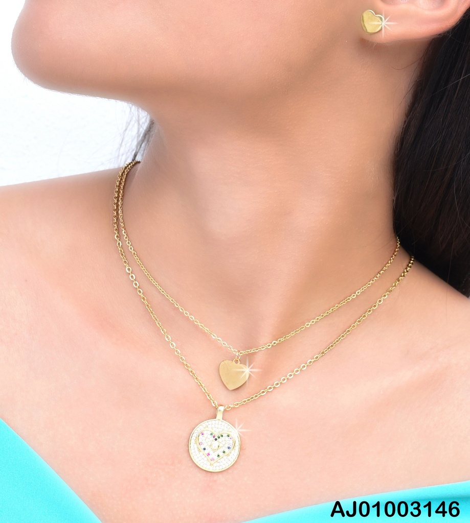 JUEGO ARETES PLACA💛DOBEL CAD.DIJE RD ZIRC.COL