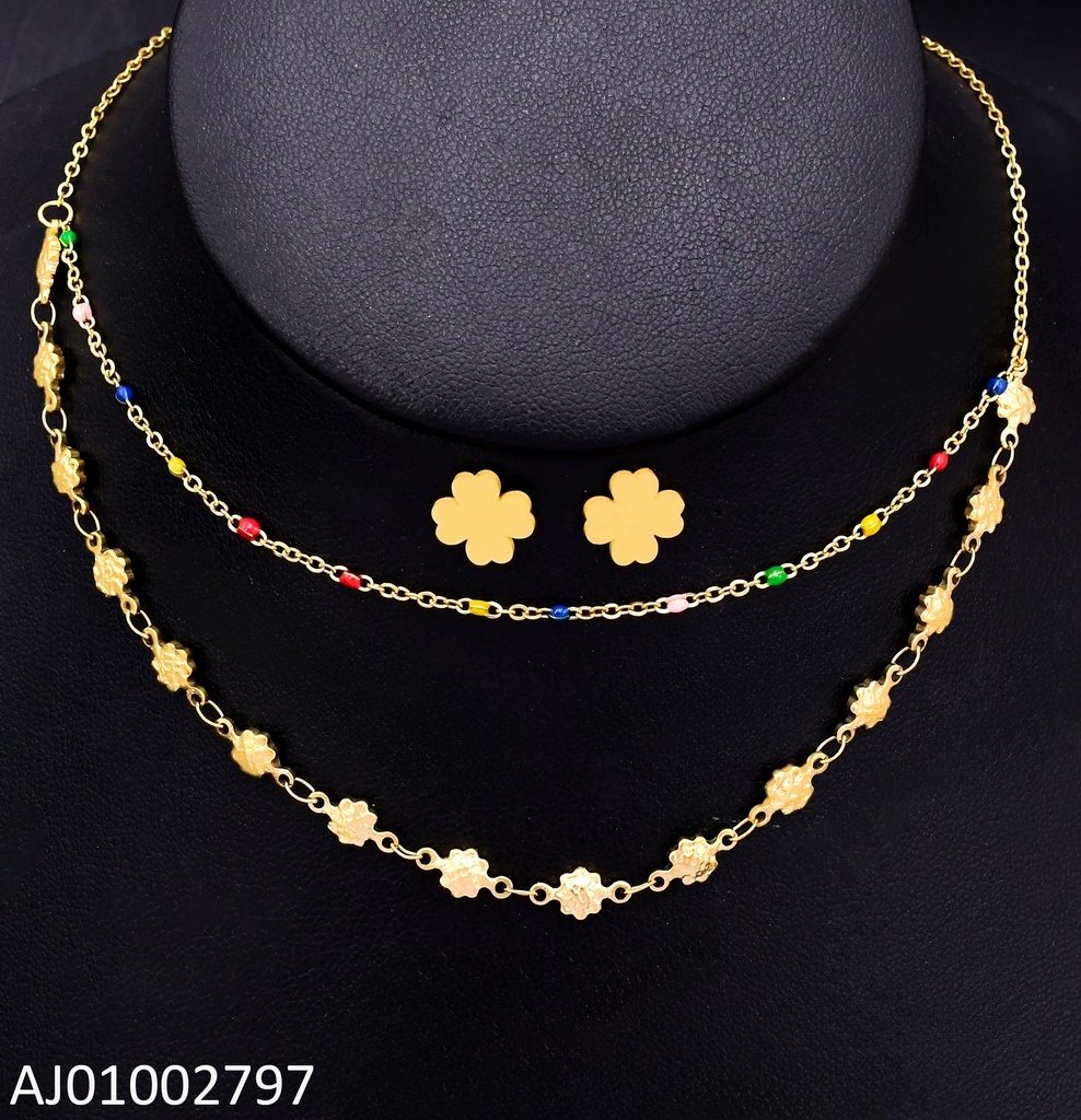 JUEGO ARETES TRÉBOL DOBLE CADENA PELOTITAS COL/FLORES DOR