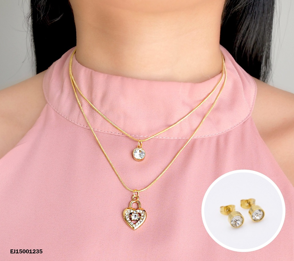 JUEGO ARETES ZIRCONIAS DOBLE CADENA DIJES ZIRCONIA/CORAZÓN