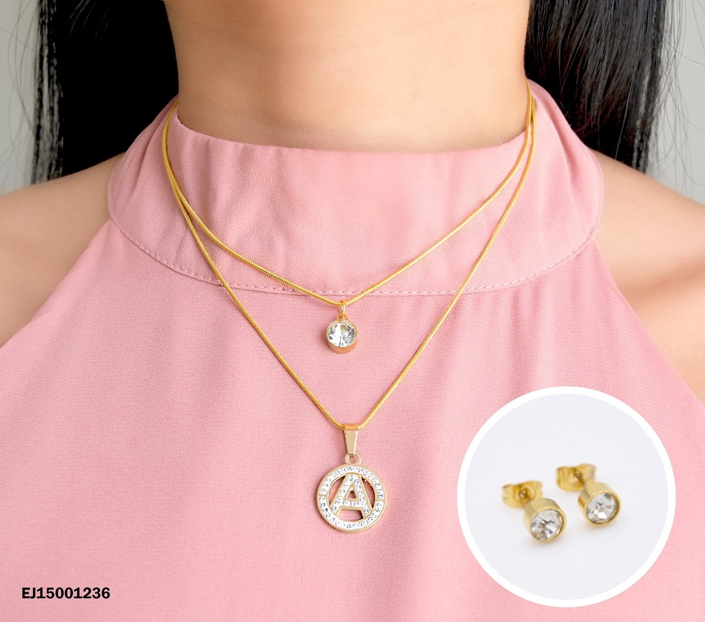 JUEGO ARETES ZIRCONIAS DOBLE CADENA DIJES ZIRCONIA/LETRA "A"