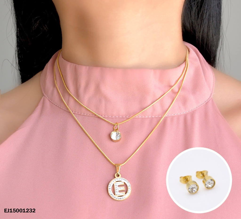 JUEGO ARETES ZIRCONIAS DOBLE CADENA DIJES ZIRCONIA/LETRA "E"