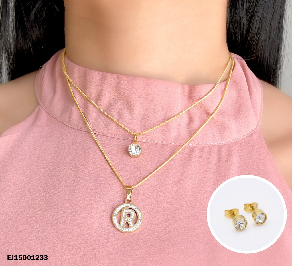 JUEGO ARETES ZIRCONIAS DOBLE CADENA DIJES ZIRCONIA/LETRA "R"