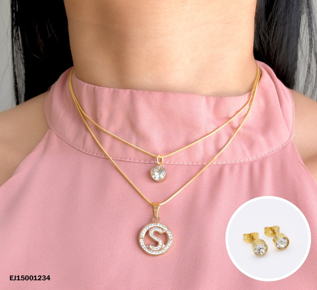 JUEGO ARETES ZIRCONIAS DOBLE CADENA DIJES ZIRCONIA/LETRA "S"