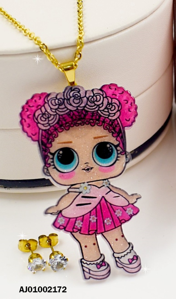 JUEGO ARETES ZIRCONIAS, DIJE MUÑECA LOL C/CORONA FLORES