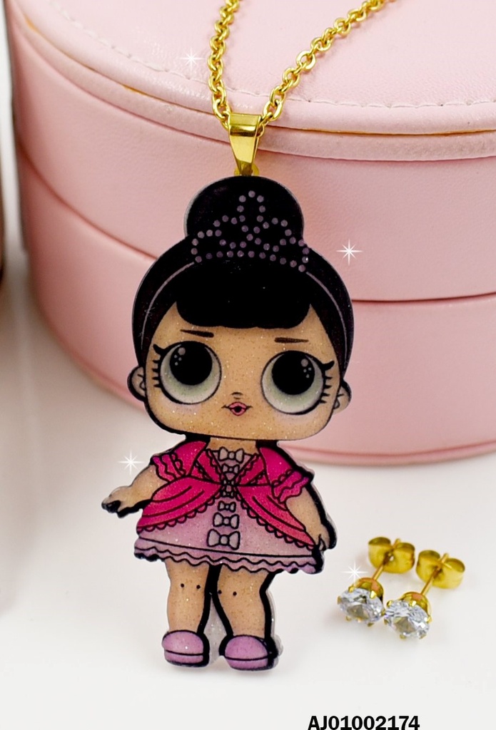 JUEGO ARETES ZIRCONIAS, DIJE MUÑECA LOL C/MOÑA