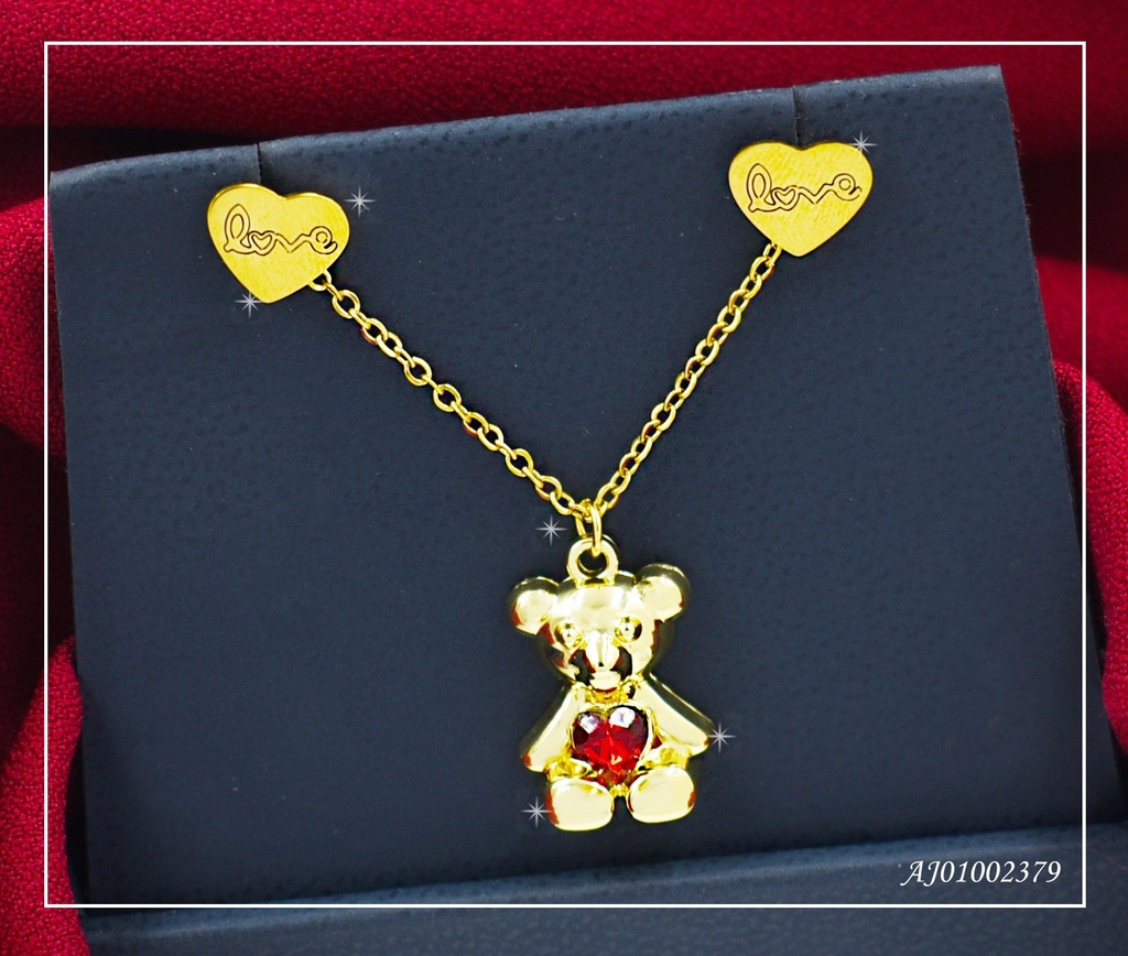 JUEGO ARETES ♥ "LOVE" DIJE OSO ZIRCONIA ROJA