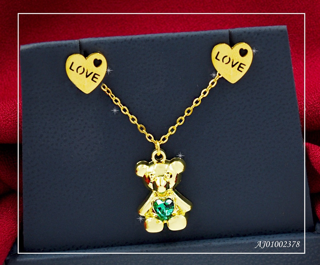 JUEGO ARETES ♥ "LOVE" DIJE OSO ZIRCONIA VERDE