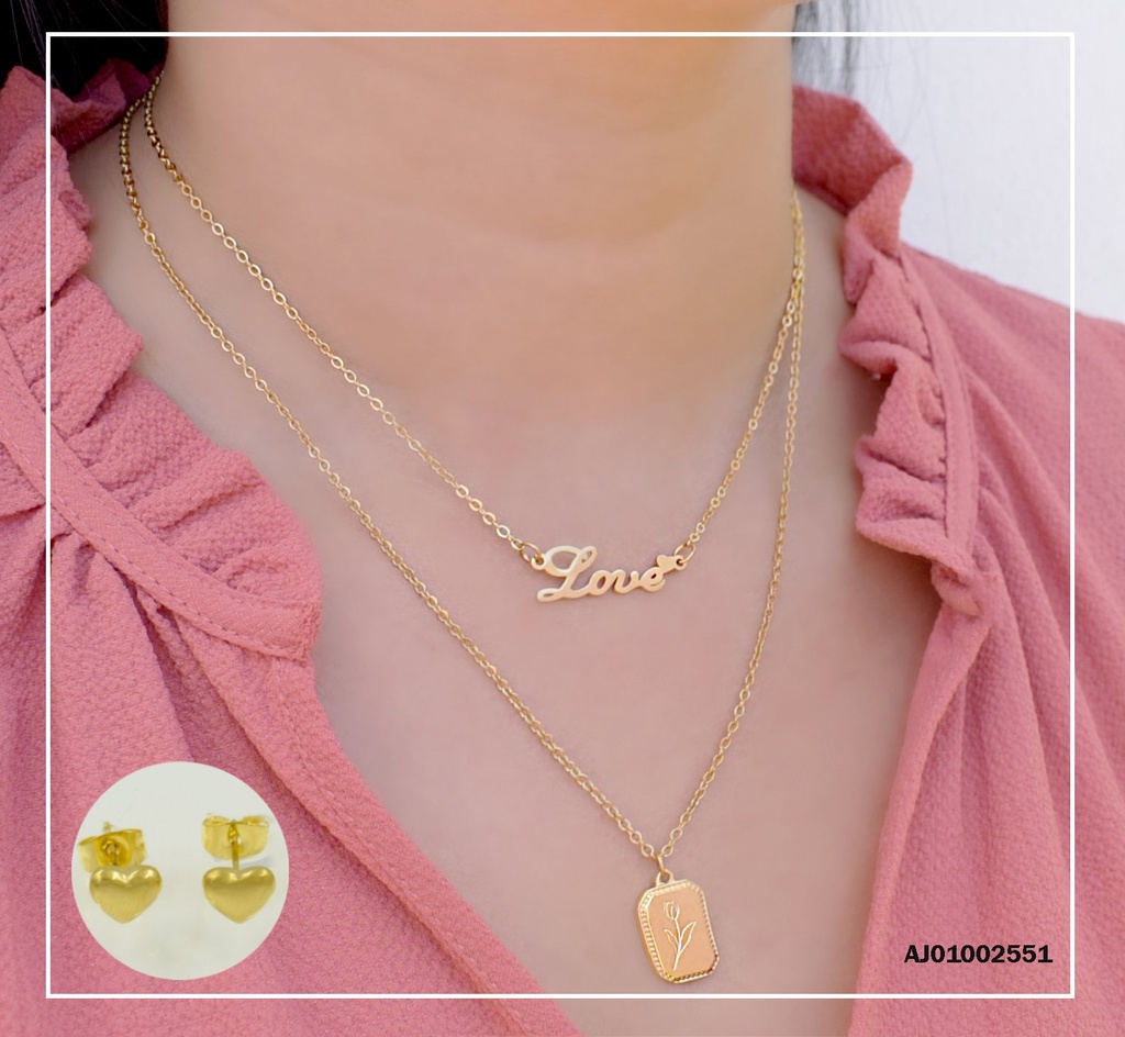JUEGO ARETES ♥ DOBLE CADENA DIJES "LOVE"/🌹 GRABADA ⬜