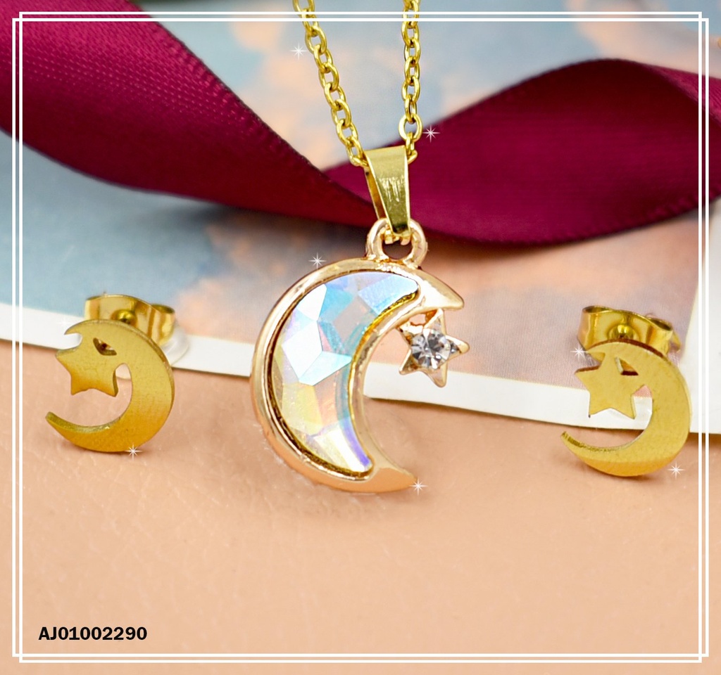 JUEGO ARETES ⭐EN LUNA, DIJE🌙 TORNASOL ESTRELLITA COLGANTE